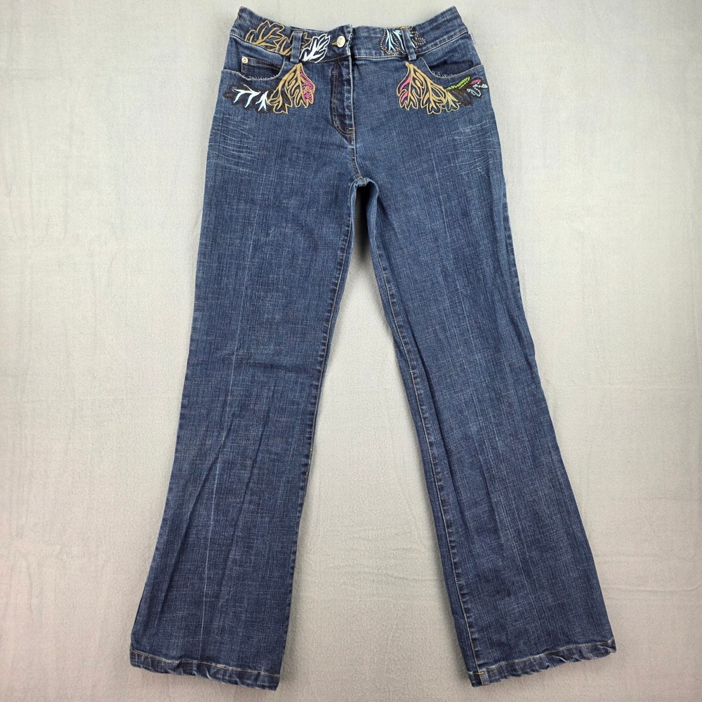 Oilily Jeans Women 36 (USA Size 6) Blue Embroidered Floral Stretch Straight Leg